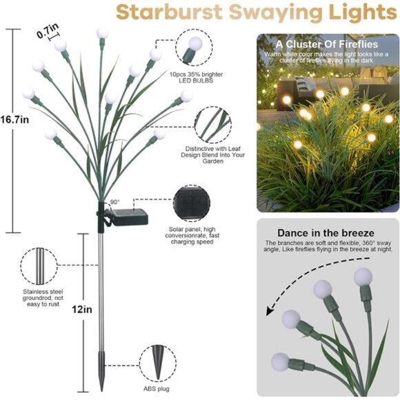 2 Packs Solar Garden Lights, New Upgraded Leaf Design 20 LED Solar Firefly - Picture 6 of 7